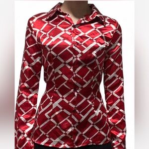 Red and white satin geometric print button up